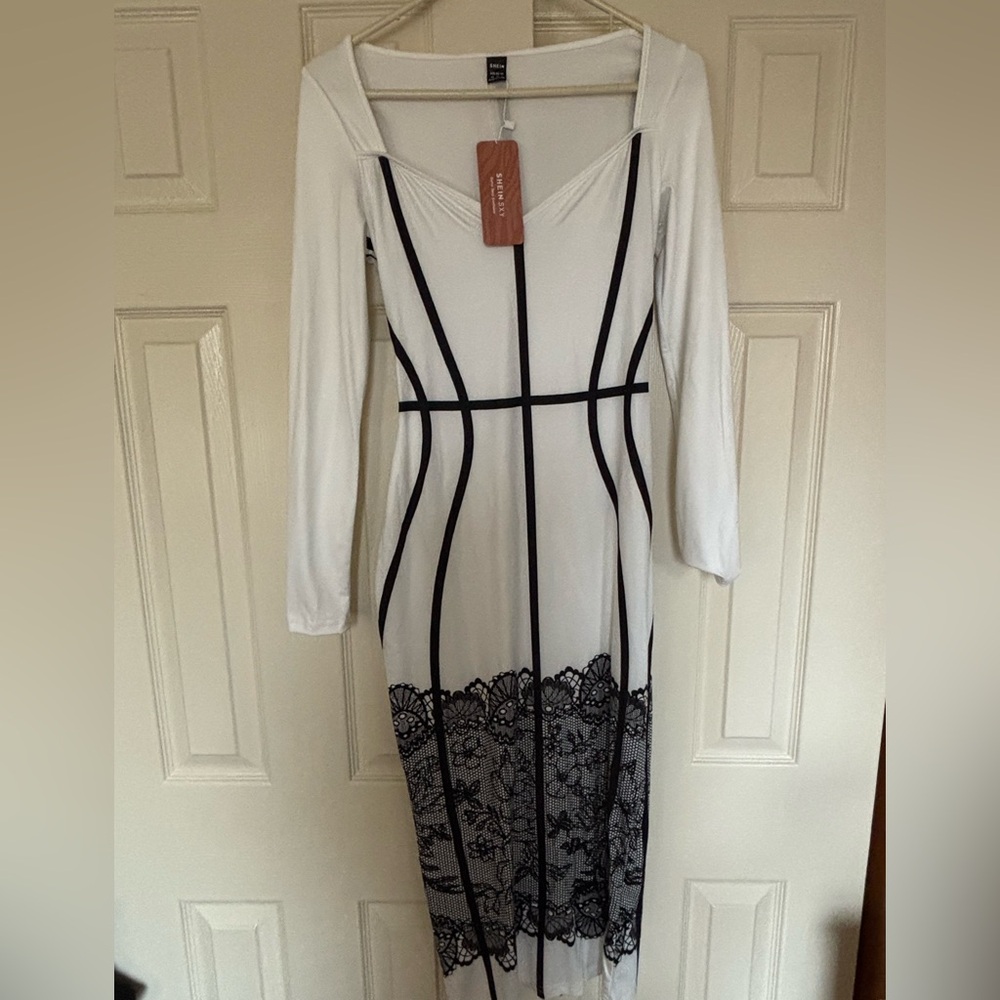 Elegant White and Black Lace Dress